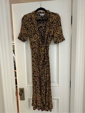 GANNI Floral Wrap Midi Dress – Black & Mustard – Size 34